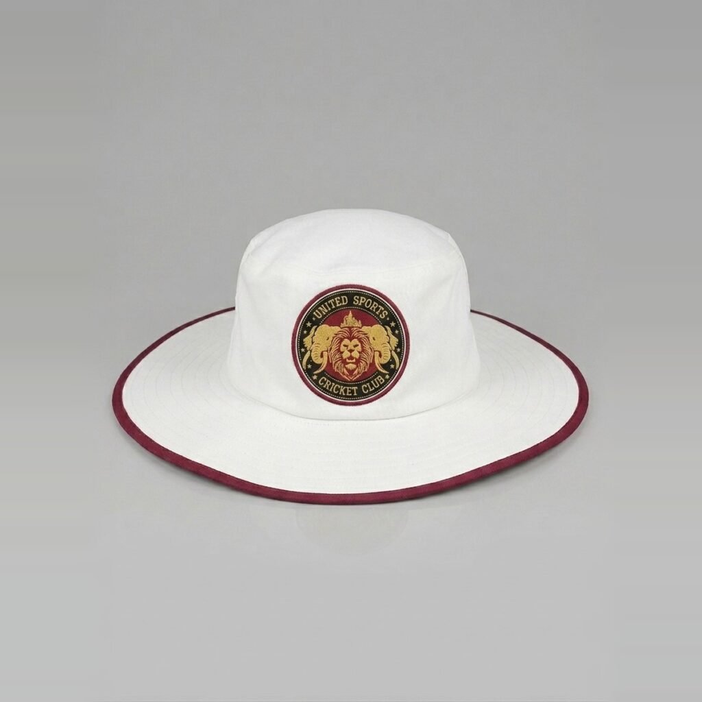 United Sports Cricket Club wide-brim sun hat in white with maroon trim