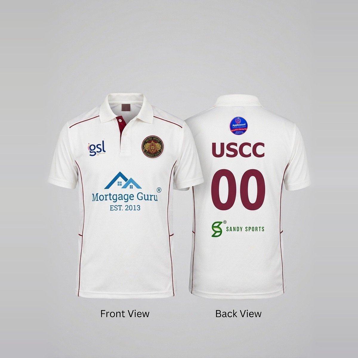 United Sports Cricket Club team jersey, front and back views
