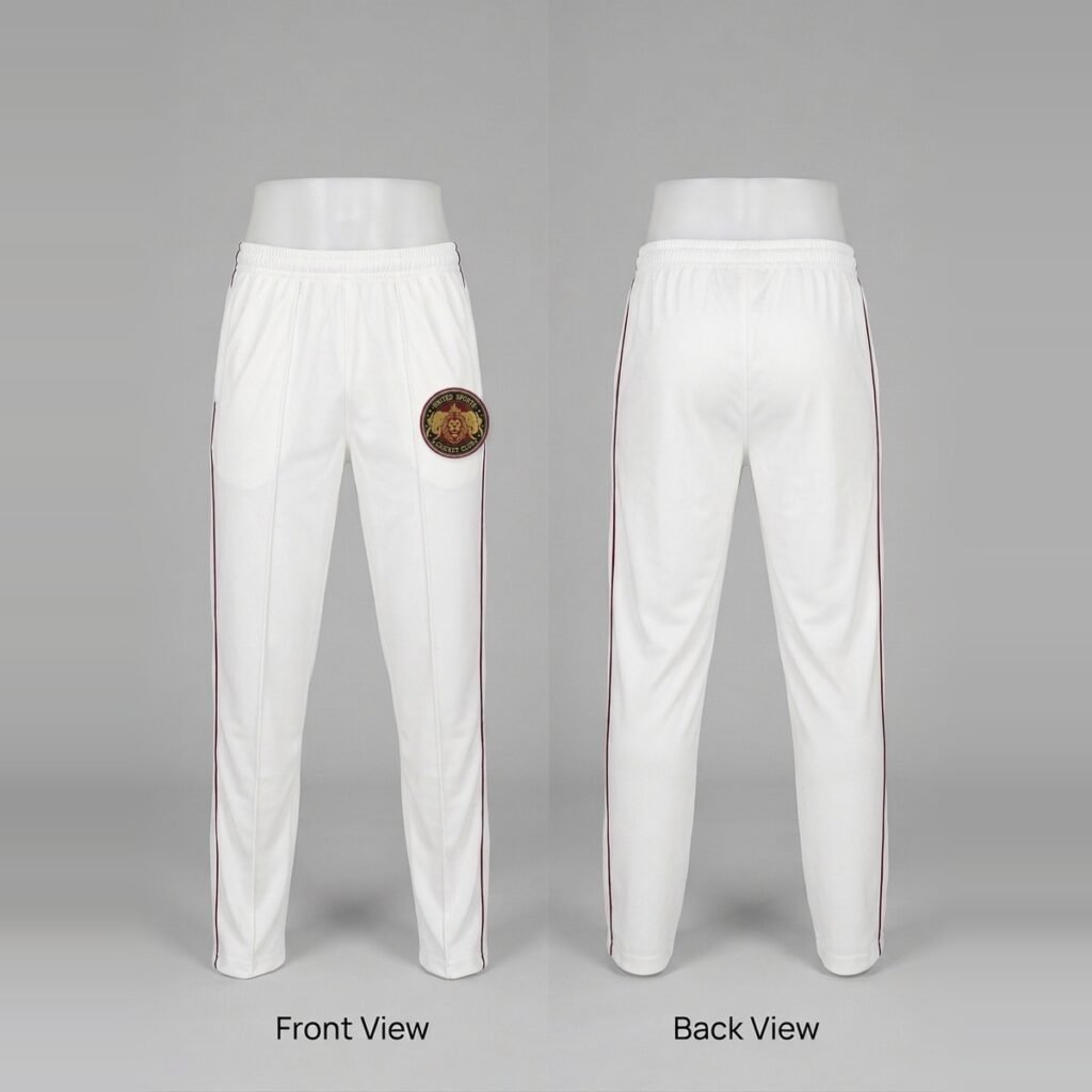 United Sports Cricket Club team trousers, front and back views