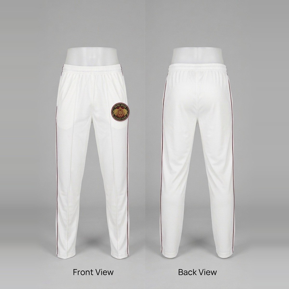 United Sports Cricket Club team trousers, front and back views