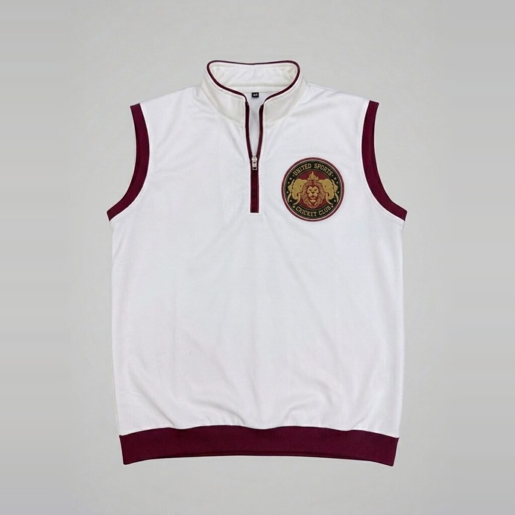 United Sports Cricket Club team vest in white with maroon trim
