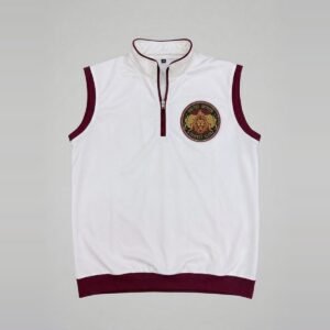 United Sports Cricket Club team vest in white with maroon trim